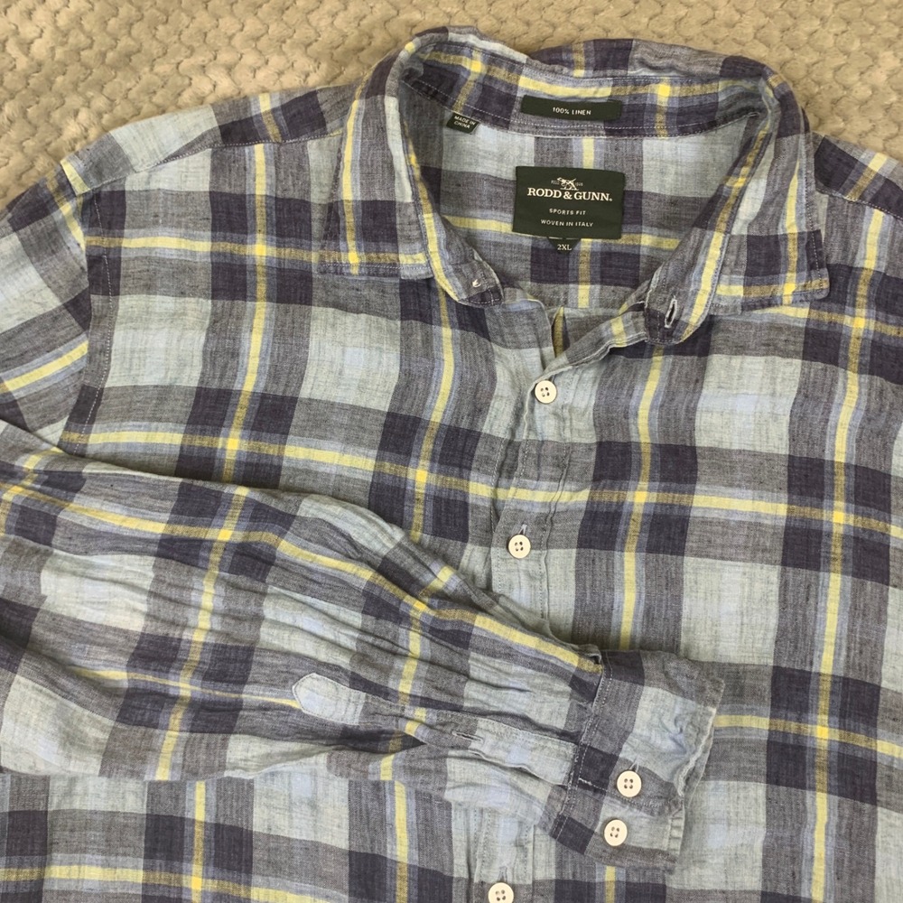 Rodd & Gunn Shirt Mens 2XL Linen Plaid Blue Yellow Sports Fit Woven Italy